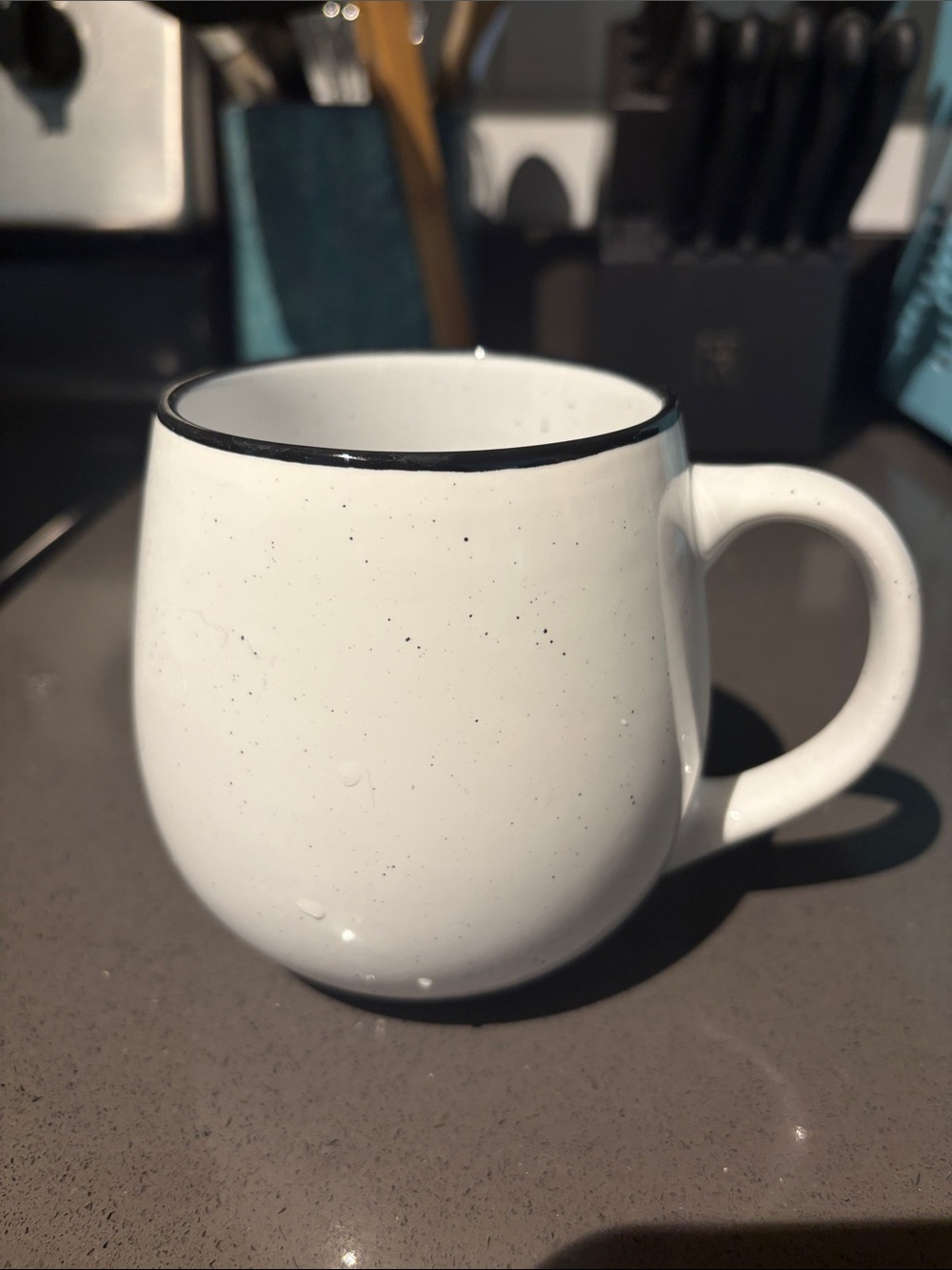 White Ceramic Speckled Mug with Black Rim